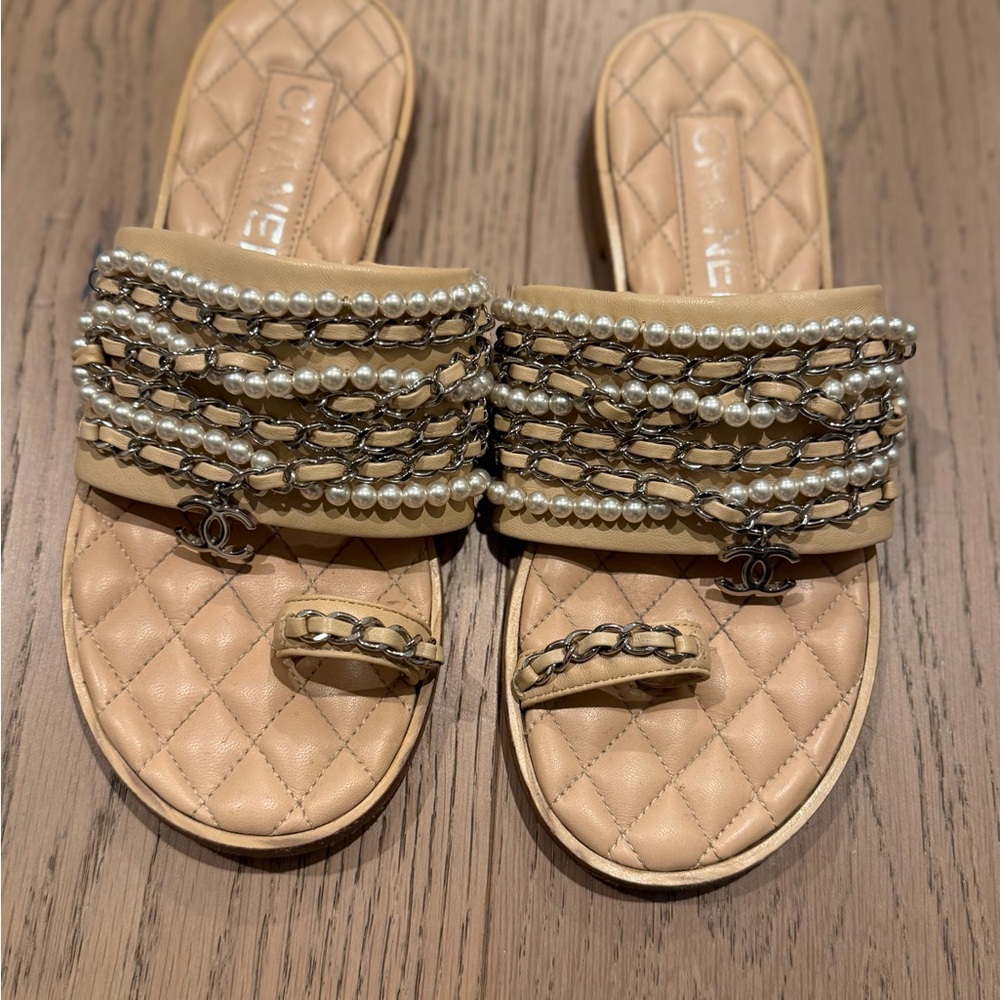 Chanel Beige Quilted Sandals with Pearls and Chains